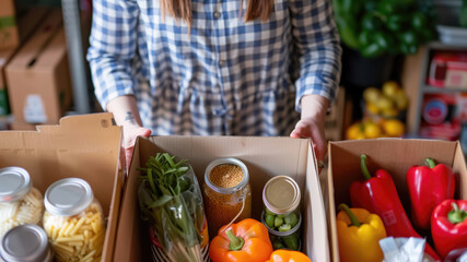 Woman preparing food boxes for charity donation