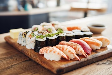 Sushi platter with assorted nigiri maki rolls and butter on wooden serving board fresh seafood rice and seaweed presented on kitchen counter inviting and appetizing