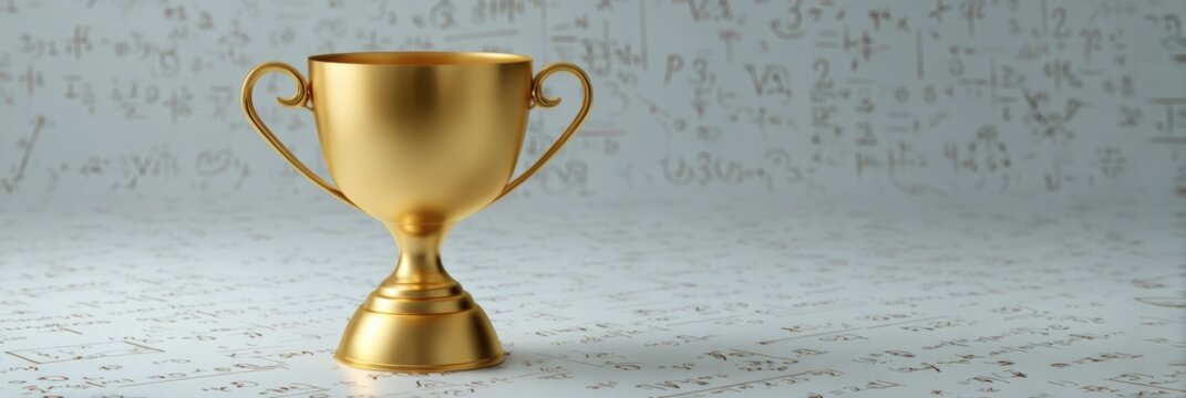 Golden trophy on white surface with mathematical background