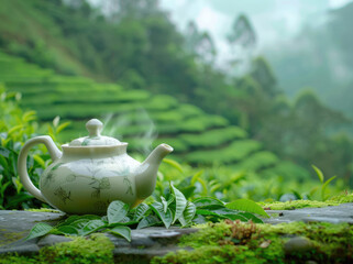 Steaming teapot with fresh tea leaves on plantation