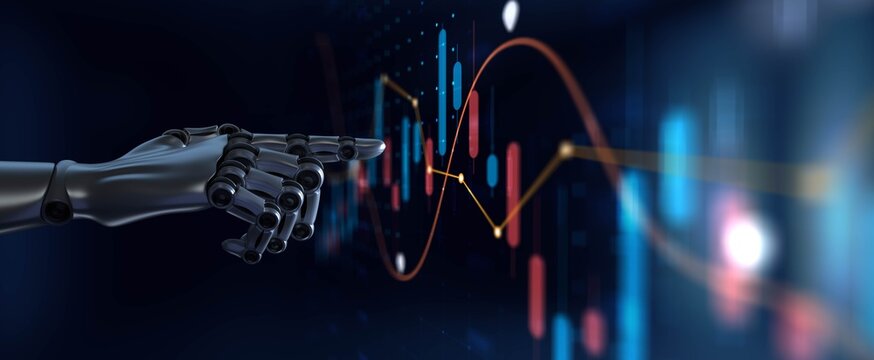 AI Robotic Intelligence Driving Financial Market Predictions and Analytics. 3d render.