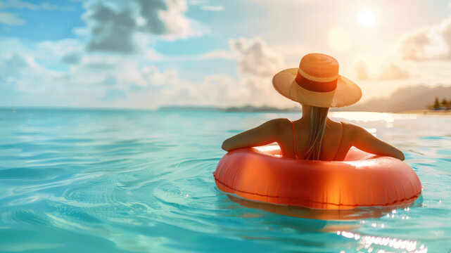 Woman relaxing in inflatable ring by ocean