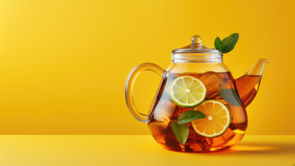 Glass teapot with refreshing iced tea, lime, orange, and mint