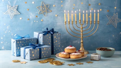  festive and beautifully arranged Hanukkah celebration scene set against a textured blue background adorned with gold star and snowflake decorations