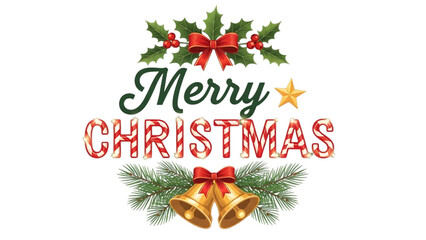 Festive merry christmas illustration with bells and holly on black