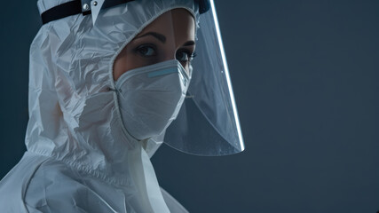 Medical professional wearing ppe protective suit and face shield