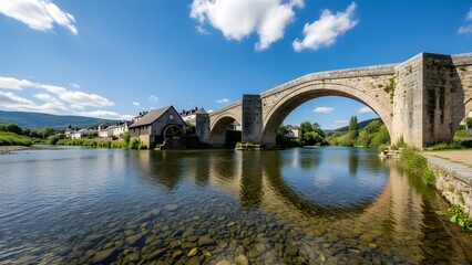 Obraz premium Scenic medieval bridge over river in llanrwst wales with blue sky