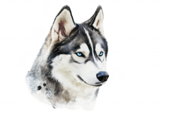 A majestic Siberian husky with striking blue eyes gazes thoughtfully. surrounded by a soft watercolor backdrop. evoking a sense of calm and natural beauty. perfect for animal lovers and art enthusiast