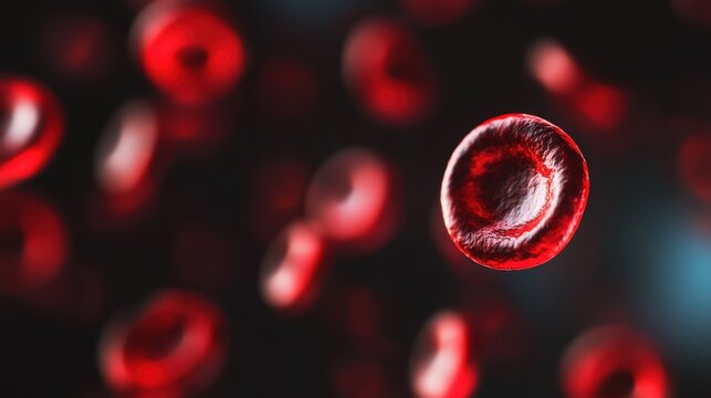 A close-up of red blood cells showcases their round, biconcave shapes against a softly blurred, darker background.