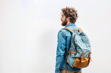 Young man traveling with backpack looking away
