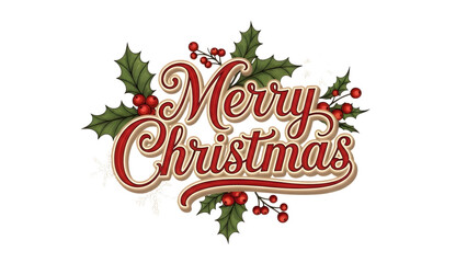 Elegant merry christmas typography with holly and berries on black background