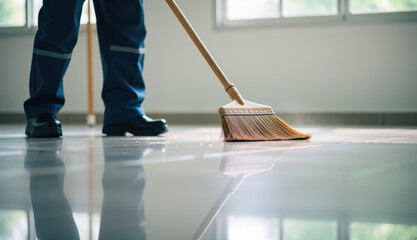 Janitor sweeping floor, maintaining cleanliness and hygiene