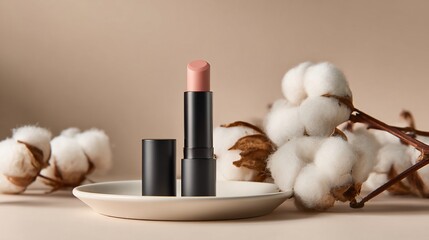 Lipstick and cotton blossoms on a dish against a beige background
