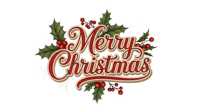 Elegant merry christmas typography with holly and berries on black background