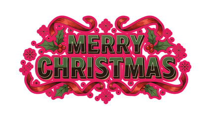 Festive merry christmas text with ornate pink and green decoration on black