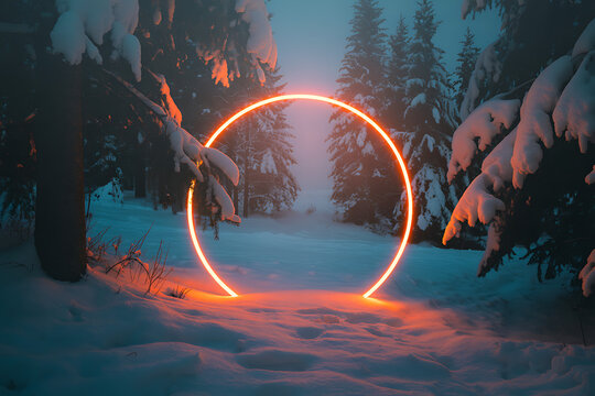 Mystical glowing orange ring portal in a serene snowcovered winter forest scene
