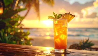 Refreshing cocktail at sunset on the beach