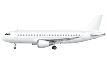 A sleek. white commercial airplane in a side view. its aerodynamic design. ready for takeoff against a clear blue sky. symbolizing travel and adventure in aviation