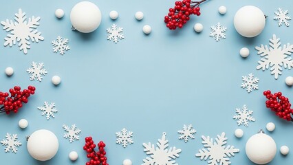 Festive winter snowflakes and red berries create a cheerful holiday arrangement for christmas season