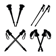 Vector silhouettes of hiking and trekking poles set, isolated