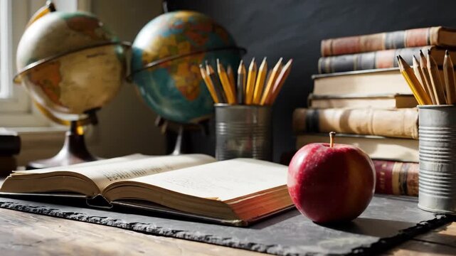 Vintage school desk with open book red apple pencils globe and stack of old textbooks representing learning and study