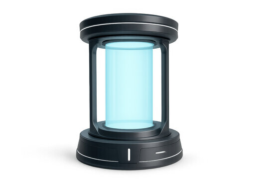 Futuristic stasis pod chamber storing glowing blue energy, science fiction cryo tank with transparent background