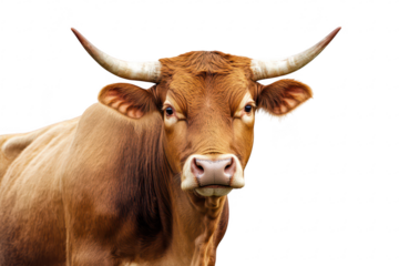 A close-up portrait of a healthy brown cow with prominent horns. standing against a plain white background. its features and expression. ideal for agricultural or animal-related content