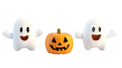 Two cheerful cartoon ghosts with big smiles stand beside a carved pumpkin. set against a plain white background. creating a playful Halloween atmosphere suitable for festive decorations