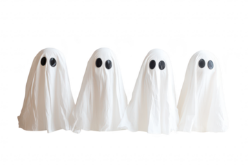 Four playful ghost figures made from white sheets with black eye cutouts stand in a row against a plain white background. creating a whimsical Halloween atmosphere perfect for festive decorations