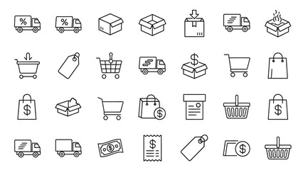 E-commerce, Shopping and Delivery Thin Line Vector Icons Set
