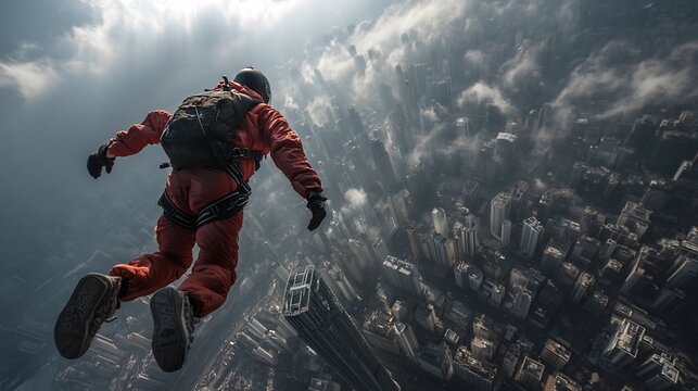 Daring base jumper in a red suit leaping from the edge of a skyscraper high above the city