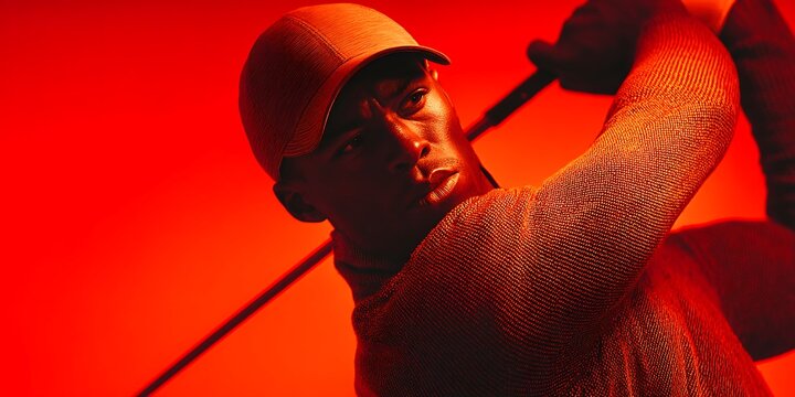 A close-up of a man holding a baseball bat in warm tones captured during an elegant swing moment