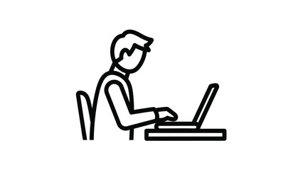 Minimalist Line Icon of a Person Working on a Laptop at a Desk. Vector Illustration for Business, Technology, and Remote Work Concepts.