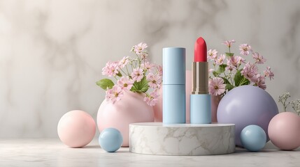 Lipstick tube set amongst marble, flowers, and pastel spheres