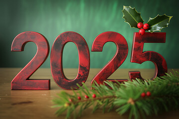 Red wooden numbers forming 2025 with festive holly and pine branches on a wooden surface