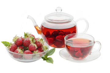A serene still life featuring a glass teapot filled with red tea and fresh strawberries. accompanied by a cup of tea and a bowl of strawberries. set against a clean white background