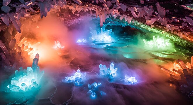 Colorful crystals glow with soft light. Textured backdrop is useful for fantasy art, abstract backgrounds, or presentation templates.