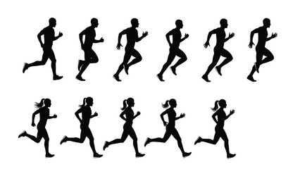 Running Man and Woman Silhouettes Set - Various Sprint and Jogging Poses for Fitness and Sports Animation or Icon Design