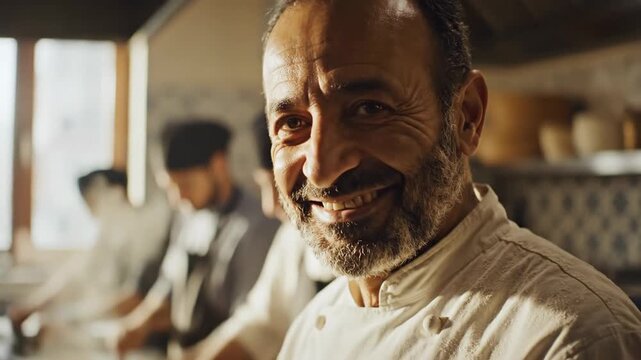 Professional chef smiling in kitchen culinary expert portrait headshot happy man working in restaurant food industry