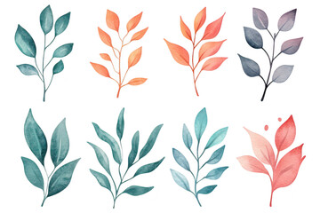 A collection of watercolor leaves various shapes and colors. perfect for nature-themed designs. backgrounds. or botanical illustrations