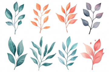 A collection of watercolor leaves various shapes and colors. perfect for nature-themed designs. backgrounds. or botanical illustrations