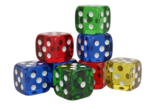 Colorful dice stacked playfully represent chance, games, and decision-making, offering creative possibilities for gaming content, strategy visuals, and vibrant illustrations