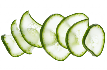 Fresh cucumber slices arranged in a cascading pattern. their green edges and translucent centers. ideal for culinary presentations or healthy lifestyle imagery