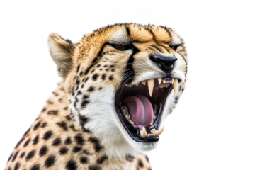 A close-up of a roaring cheetah its sharp teeth and distinctive spots. set against a plain white background. ideal for wildlife photography and educational purposes