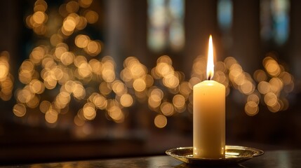 Christmas advent candle in church with warm golden bokeh glow, spiritual meditation and religious ceremony setting, peaceful holiday atmosphere and mindful reflection for festive season celebration
