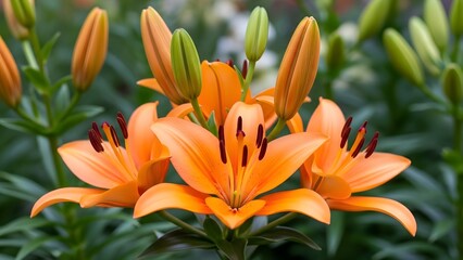 Vibrant orange asiatic lily blossom cluster in a lush green garden setting