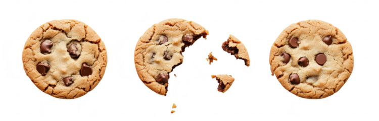 A delicious arrangement of freshly baked chocolate chip cookies on a clean white background. whole and partially eaten cookies. perfect for food photography and culinary use