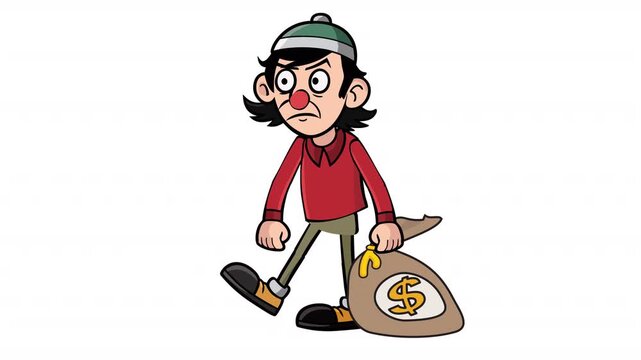 Cartoon thief with a bag of money. Animation of a thief with money, alpha channel. Cartoon