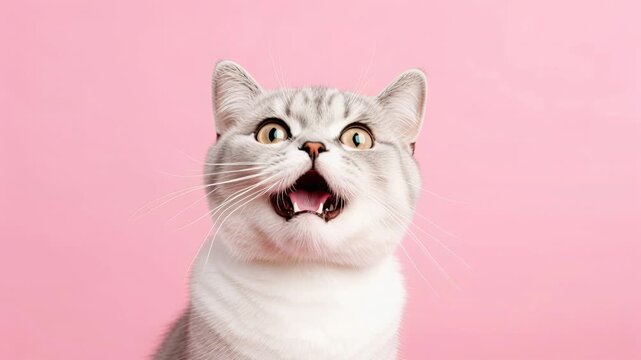 A surprised tabby cat featuring wide, expressive eyes and an open mouth, all set against a vibrant pink backdrop