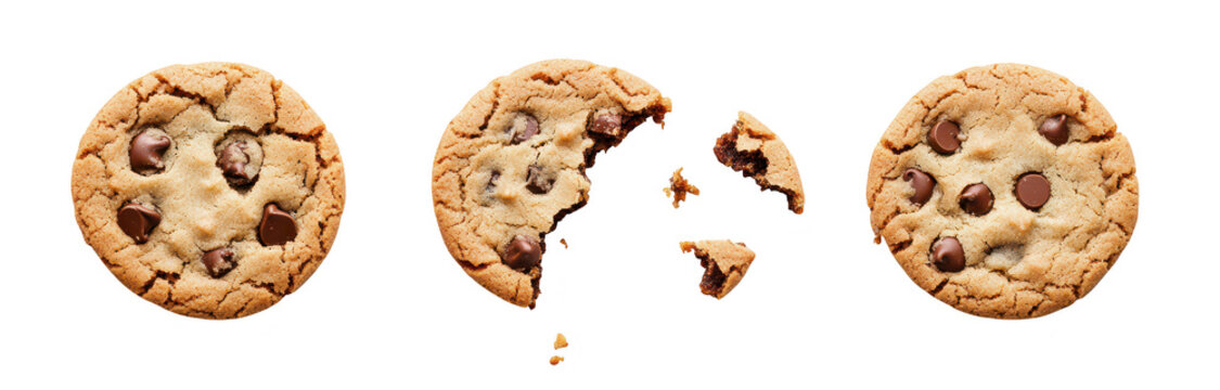 A delicious arrangement of freshly baked chocolate chip cookies on a clean white background. whole and partially eaten cookies. perfect for food photography and culinary use